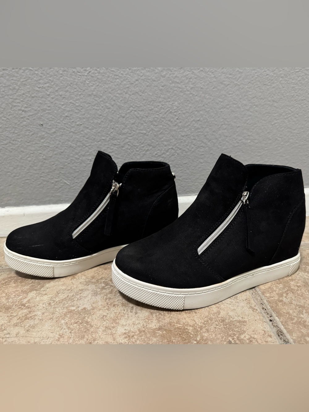 Steve Madden Black Suede Wedge Sneaker Boot with White Platform
